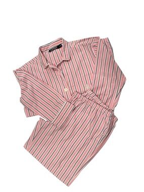 LAUREN Ralph Lauren 2 Piece Cotton Pajama Set Pink, Blue & White Striped Medium